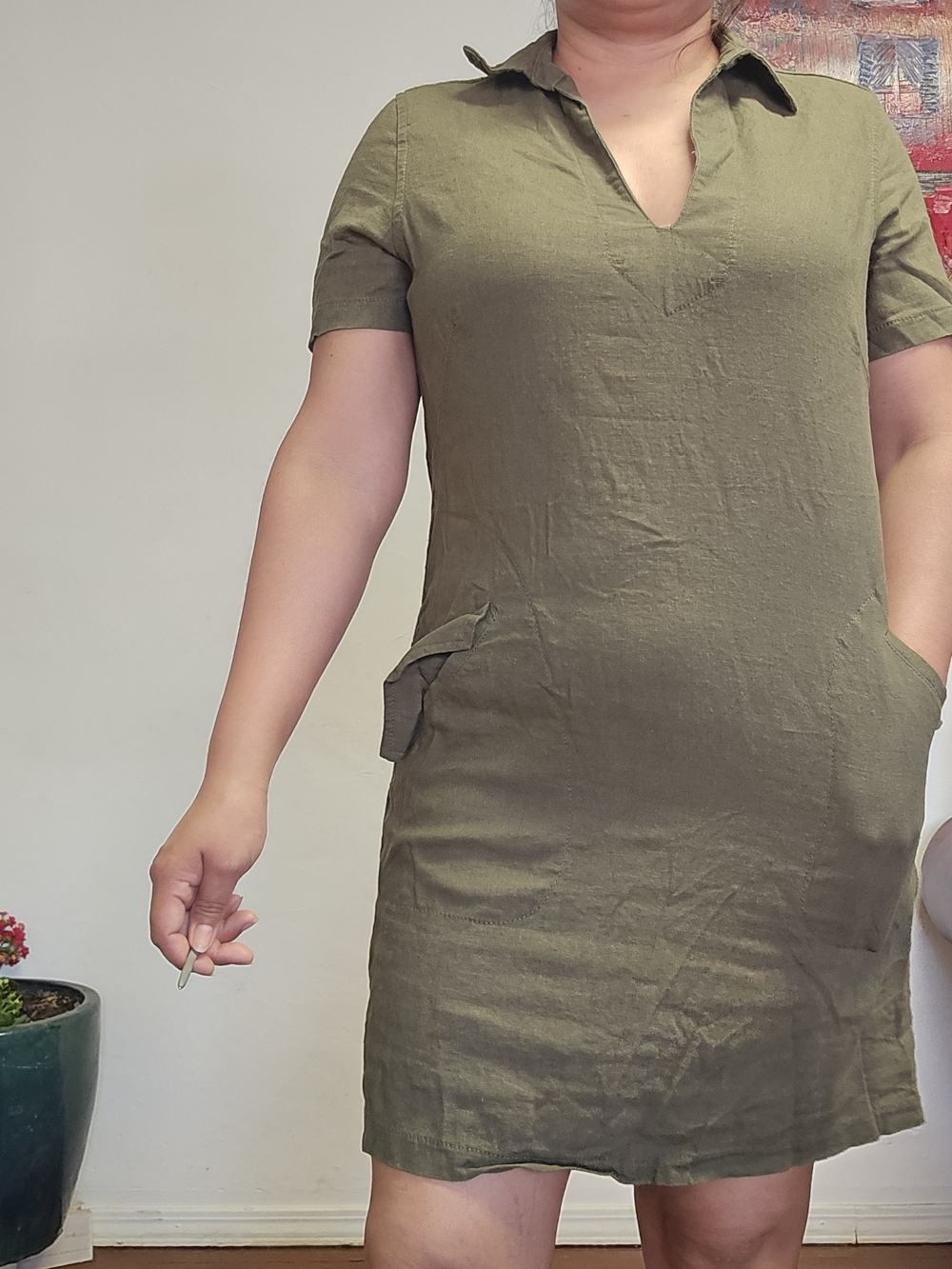 MAX Studio London Olive Green Short Sleeve Collared Shift Dress Size M - Picture 3 of 5